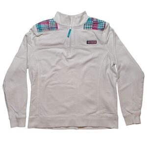 Vineyard Vines White Shep Shirt Patchwork Plaid Quarter Zip Women’s M